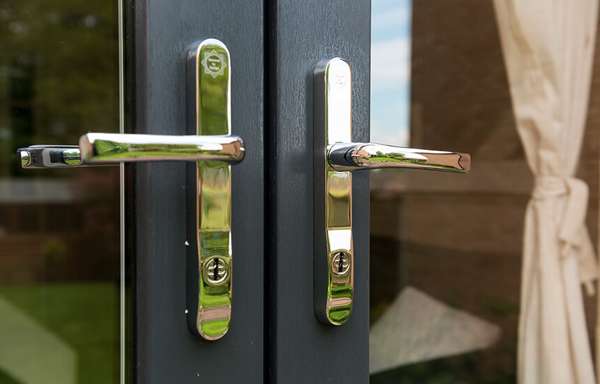 Chrome french door handles close up